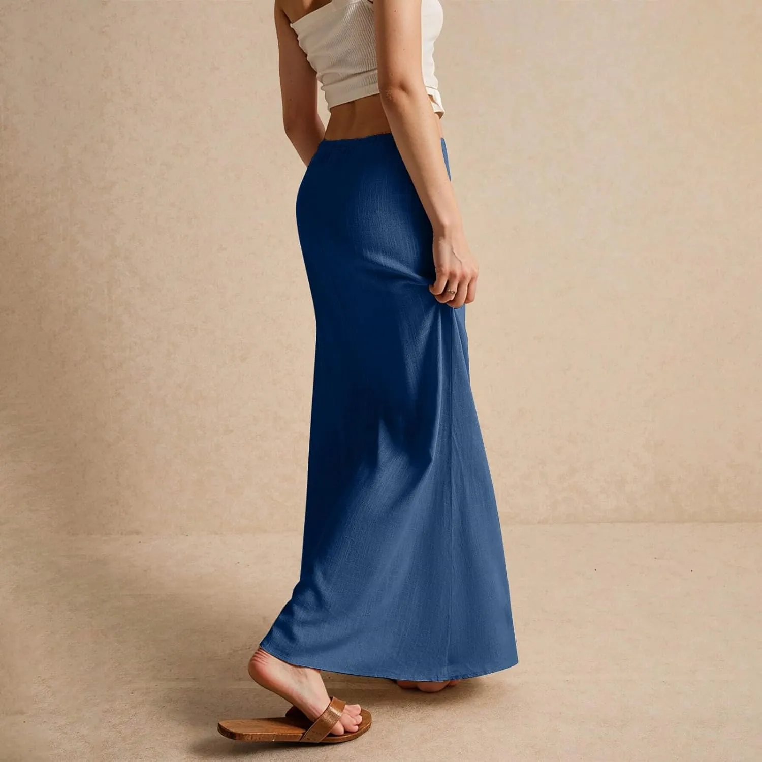 Linen Long Flowy Skirts for Women Trendy Summer Boho Flowy A Line Maxi Skirts Drawstring Low Waisted Beach Vacation Outfits
