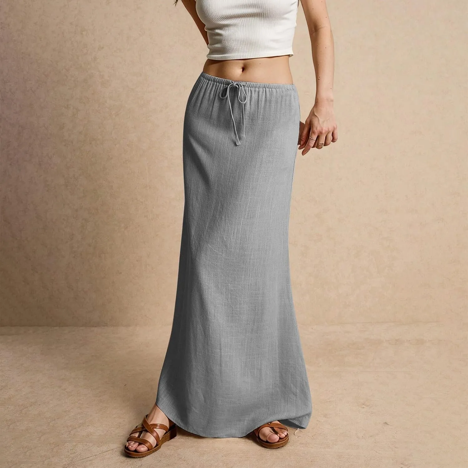 Linen Long Flowy Skirts for Women Trendy Summer Boho Flowy A Line Maxi Skirts Drawstring Low Waisted Beach Vacation Outfits