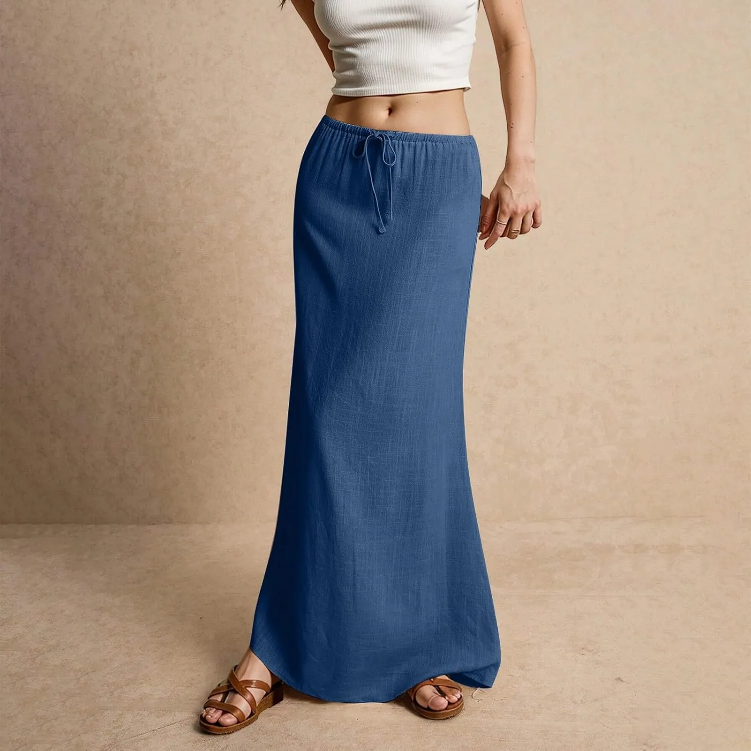 Linen Long Flowy Skirts for Women Trendy Summer Boho Flowy A Line Maxi Skirts Drawstring Low Waisted Beach Vacation Outfits