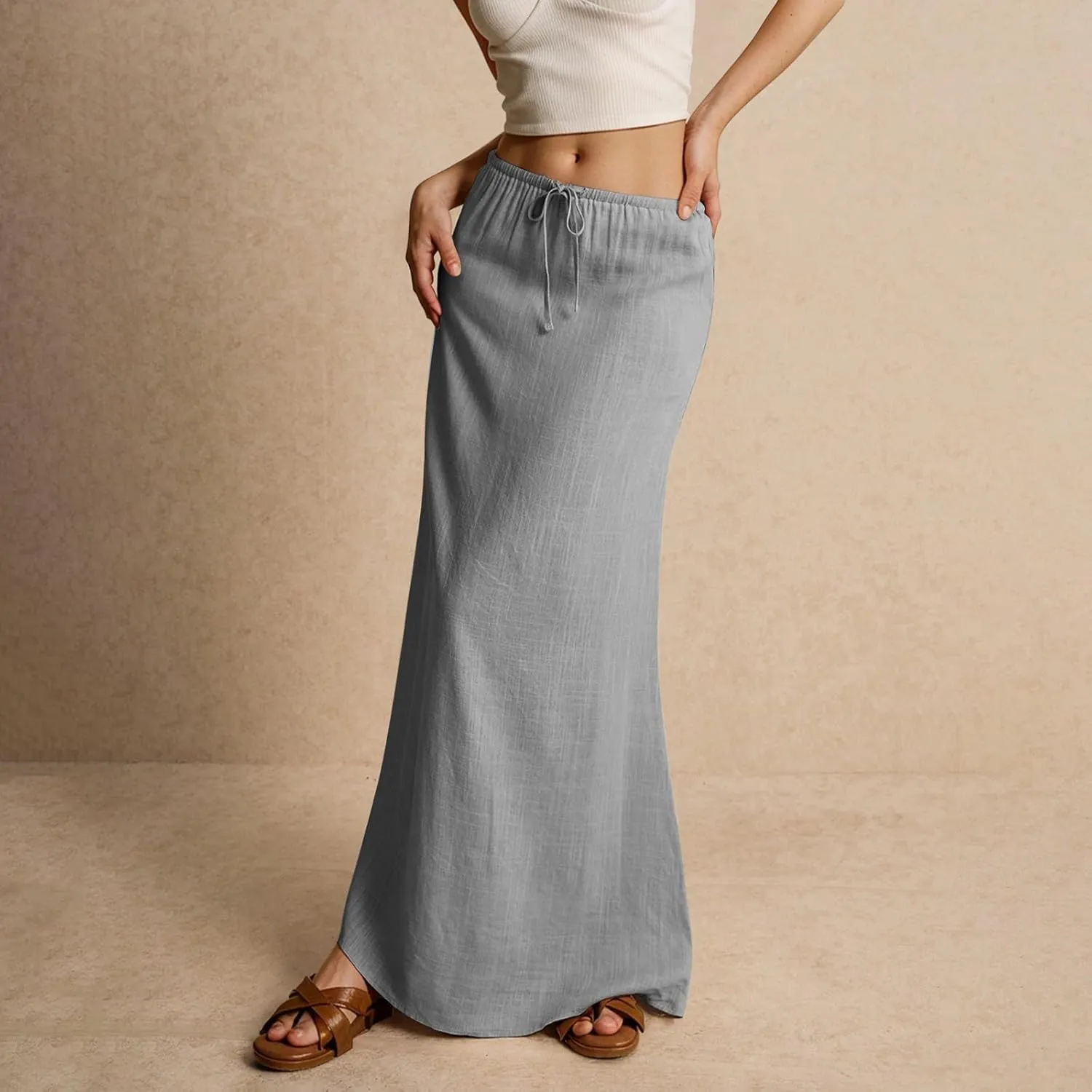 Linen Long Flowy Skirts for Women Trendy Summer Boho Flowy A Line Maxi Skirts Drawstring Low Waisted Beach Vacation Outfits