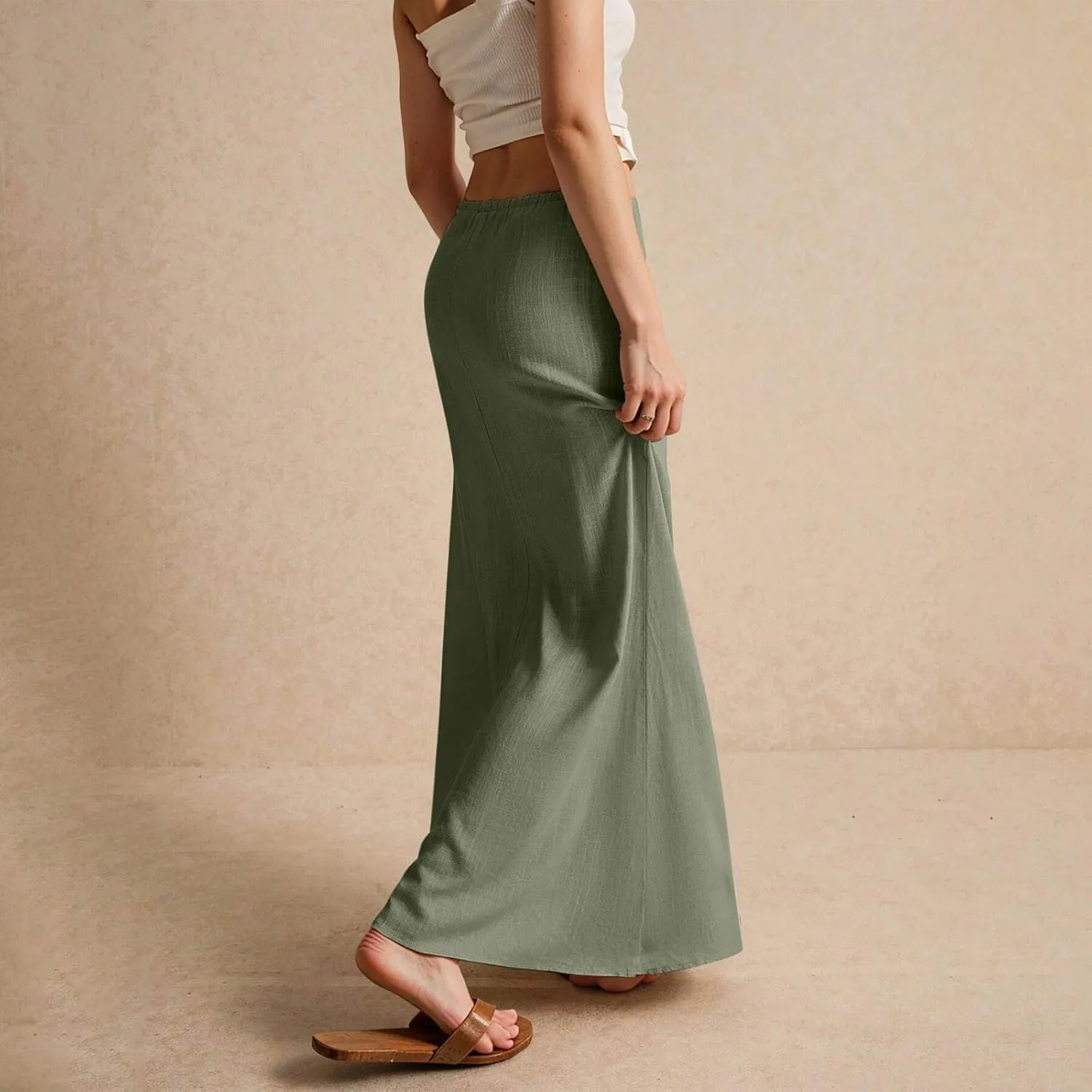 Linen Long Flowy Skirts for Women Trendy Summer Boho Flowy A Line Maxi Skirts Drawstring Low Waisted Beach Vacation Outfits