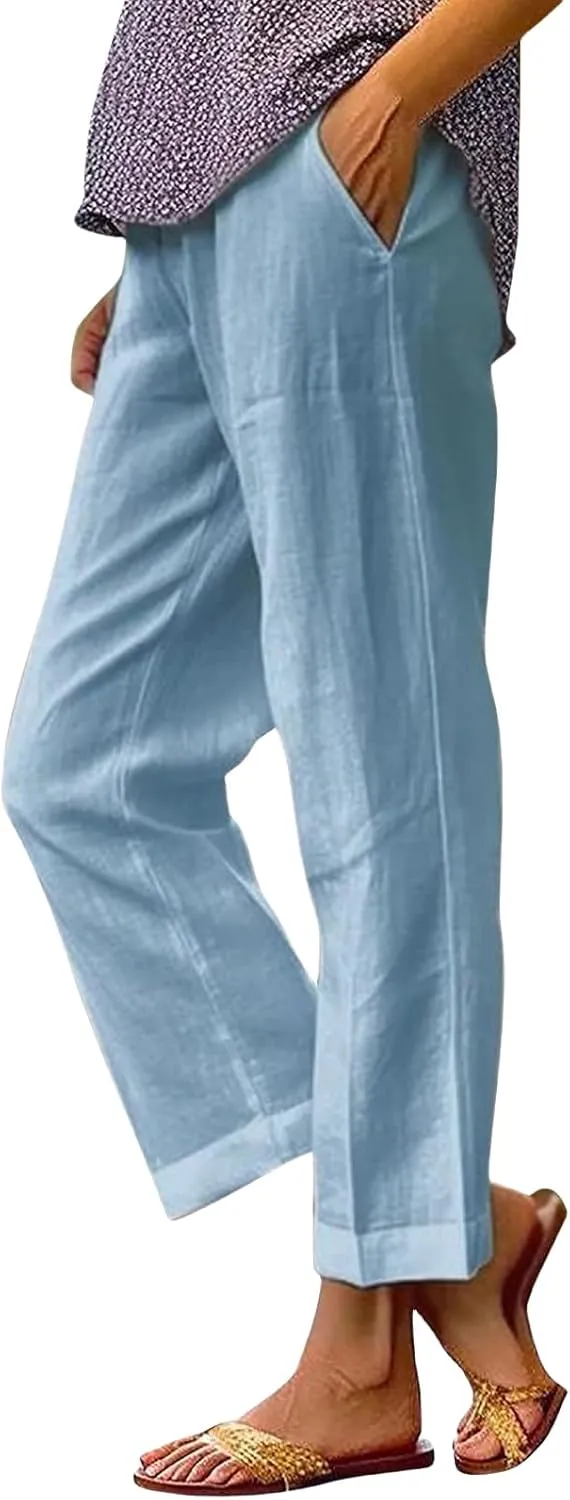 Linen Pants for Women Lightweight High Waist Straight Leg Cropped Pants Casual Summer Crop Pant Trousers with Pockets