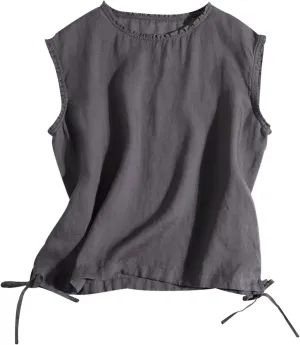 Linen Tank Women Casual Summer Solid Color Ruffle Sleeveless Shirts Vest Drawstring Outdoor Crew Neck Tank Tops 2025