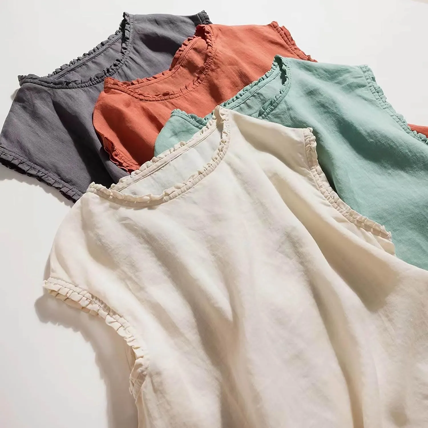 Linen Tank Women Casual Summer Solid Color Ruffle Sleeveless Shirts Vest Drawstring Outdoor Crew Neck Tank Tops 2025