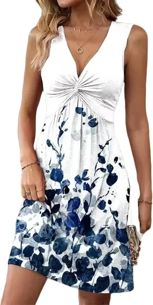 LLHXRUI Women's Twist Front V Neck Ruffle Casual Summer Dress Sexy Elegant Sleeveless Club Party Tunic Bodycon Mini Dresses