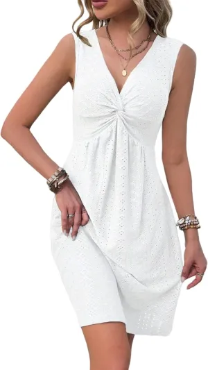 LLHXRUI Women's Twist Front V Neck Ruffle Casual Summer Dress Sexy Elegant Sleeveless Club Party Tunic Bodycon Mini Dresses