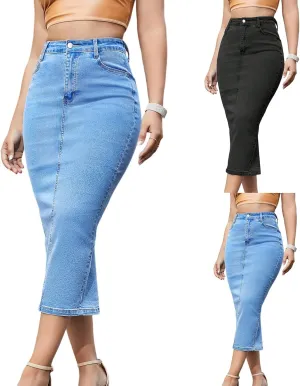Long Jean Skirts for Women Denim Midi Skirt Stretchy Bodycon Skirt High Waisted Back Slit A Line Skirts with Pockets