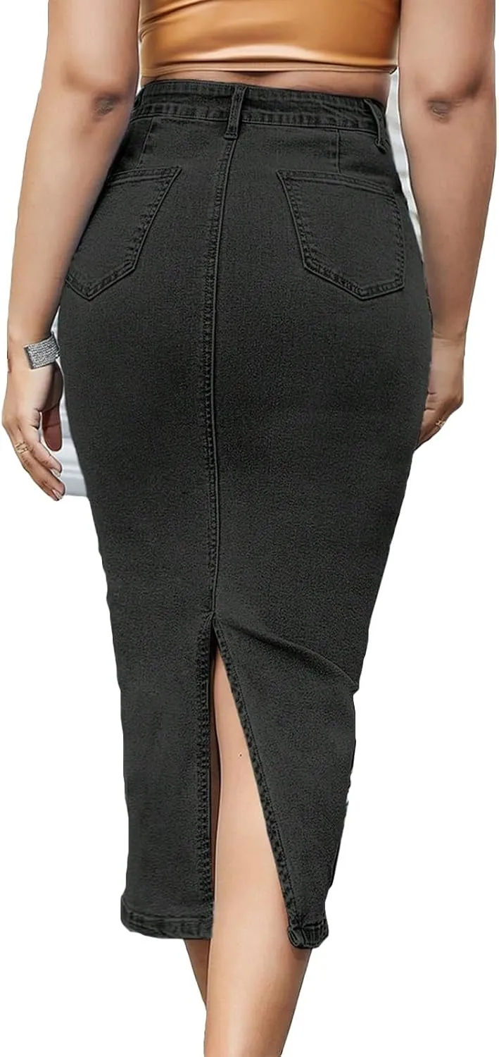 Long Jean Skirts for Women Denim Midi Skirt Stretchy Bodycon Skirt High Waisted Back Slit A Line Skirts with Pockets