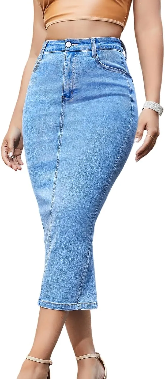 Long Jean Skirts for Women Denim Midi Skirt Stretchy Bodycon Skirt High Waisted Back Slit A Line Skirts with Pockets