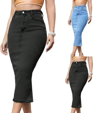 Long Jean Skirts for Women Denim Midi Skirt Stretchy Bodycon Skirt High Waisted Back Slit A Line Skirts with Pockets