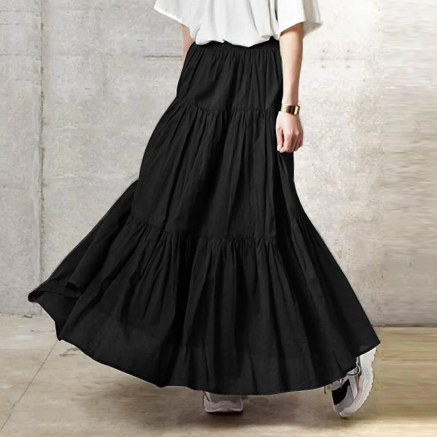 Long Maxi Plus Size Skirts for Women 2025 Summer Flowy Swing Tiered Elastic High Waist Pleated Skirt No Have Belt