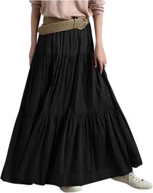 Long Maxi Plus Size Skirts for Women 2025 Summer Flowy Swing Tiered Elastic High Waist Pleated Skirt No Have Belt