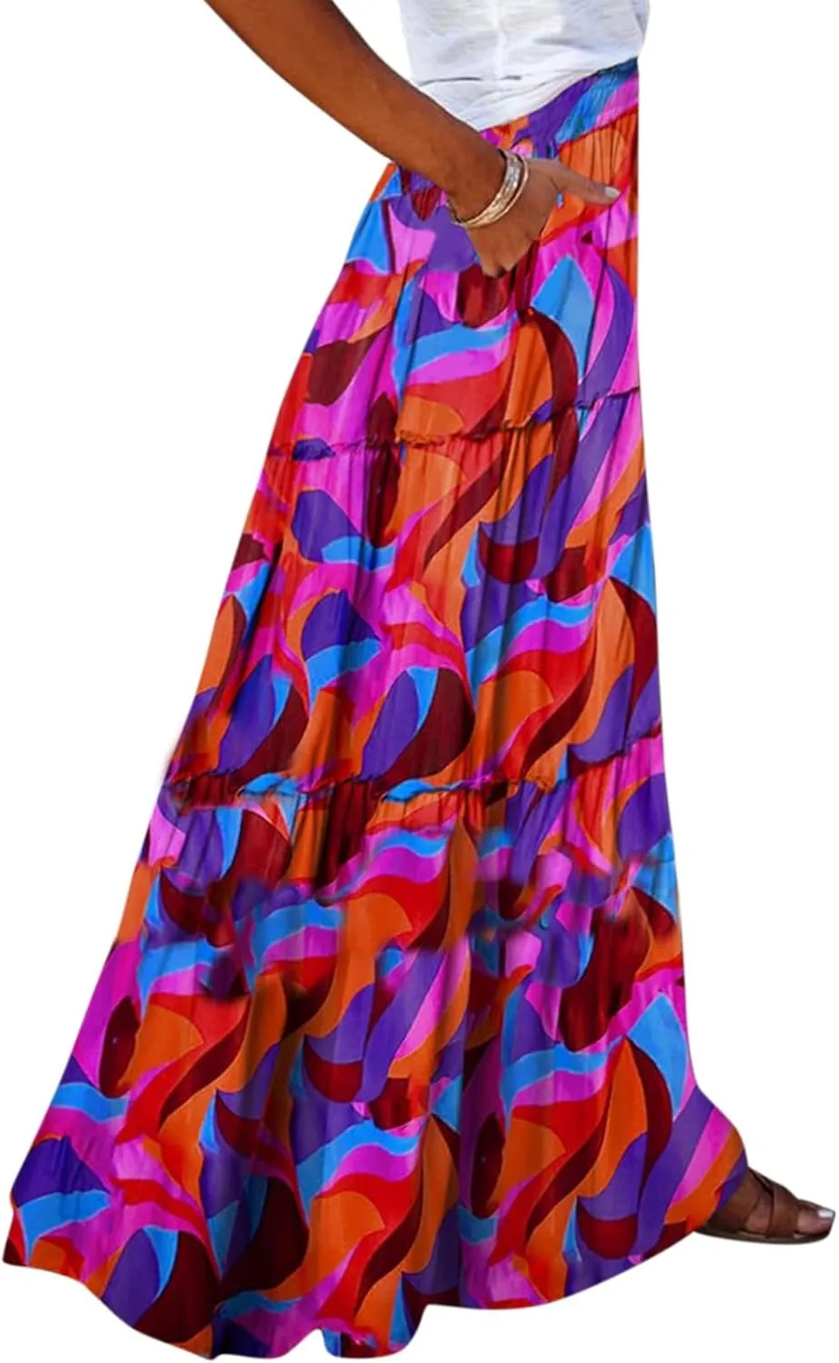 Long Skirt,Elastic High Waisted Linen Flowy Skirts for Women 2025 Summer Womens Boho Maxi Skirt with Pockets