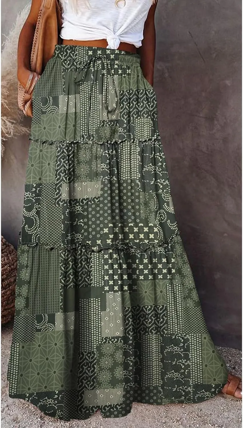 Long Skirt,Flowy Skirts for Women 2025 Elastic High Waisted Trendy Pleated Womens Boho Maxi Skirt with Pockets