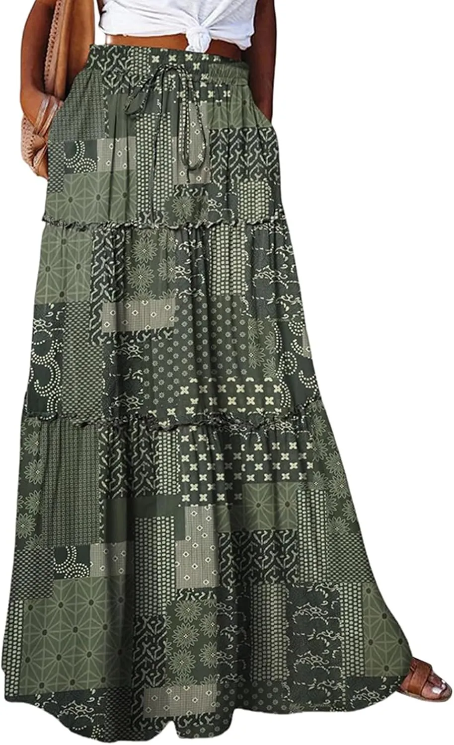 Long Skirt,Flowy Skirts for Women 2025 Elastic High Waisted Trendy Pleated Womens Boho Maxi Skirt with Pockets