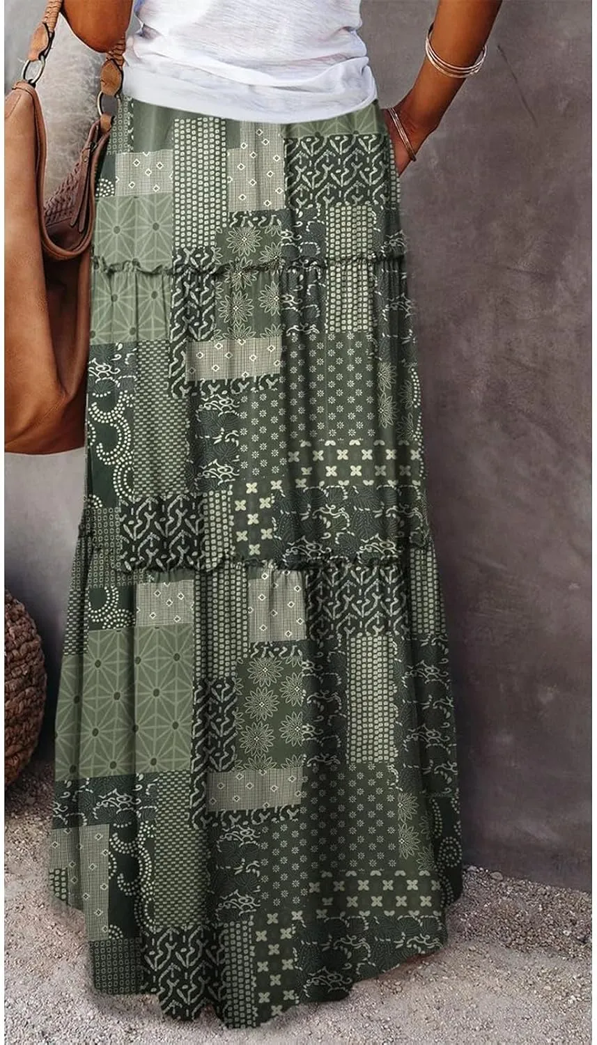 Long Skirt,Flowy Skirts for Women 2025 Elastic High Waisted Trendy Pleated Womens Boho Maxi Skirt with Pockets