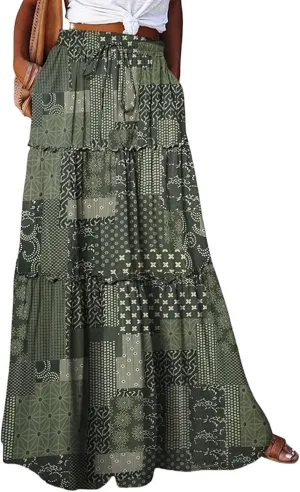 Long Skirt,Flowy Skirts for Women 2025 Elastic High Waisted Trendy Pleated Womens Boho Maxi Skirt with Pockets