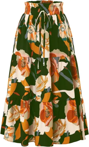 Long Skirts for Women,Elastic High Waisted Womens Boho Maxi Skirt with Pockets Linen Flowy Long Skirts 2025 Trendy