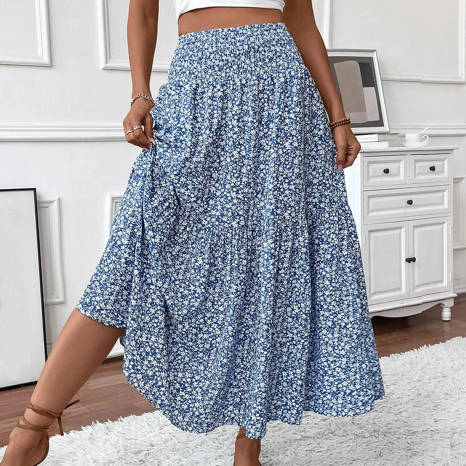 Long Skirts for Women,Flowy Long Skirts 2025 High Waisted Trendy Womens Boho Maxi Skirt with Pockets Pleated