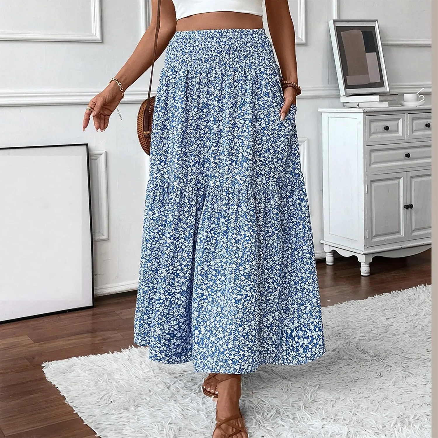 Long Skirts for Women,Flowy Long Skirts 2025 High Waisted Trendy Womens Boho Maxi Skirt with Pockets Pleated
