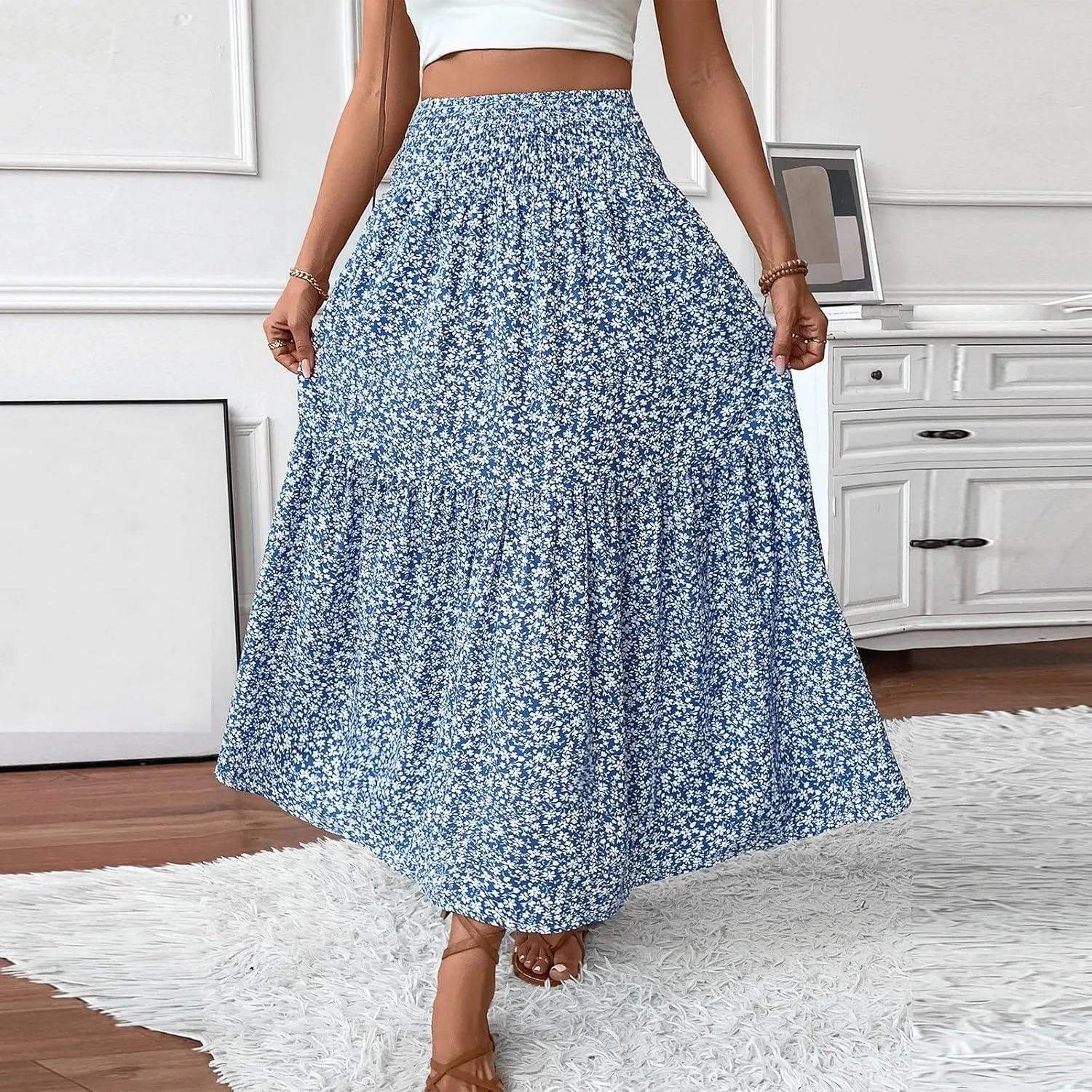 Long Skirts for Women,Flowy Long Skirts 2025 High Waisted Trendy Womens Boho Maxi Skirt with Pockets Pleated
