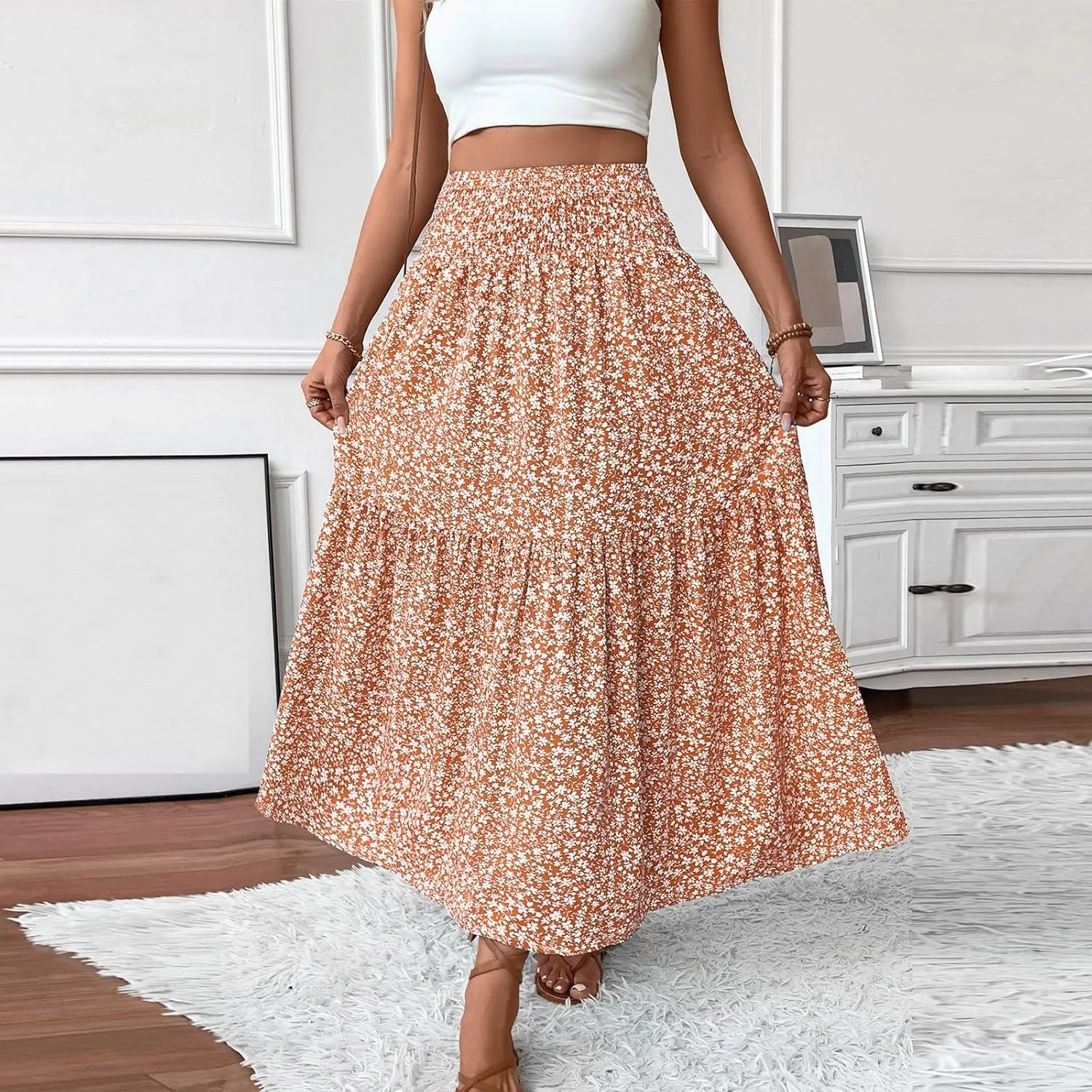Long Skirts for Women,Flowy Long Skirts 2025 High Waisted Trendy Womens Boho Maxi Skirt with Pockets Pleated