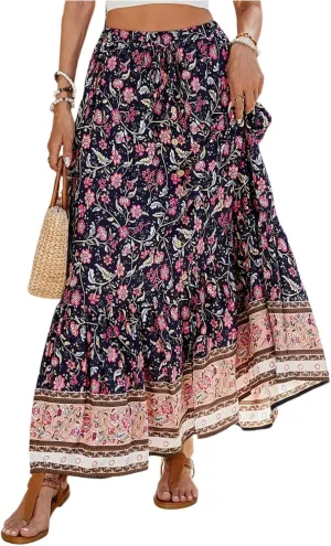 Long Skirts for Women,Formal Flowy Maxi Skirts 2025 Trendy Elastic Waist Beach Vacation Boho Skirt Spring Summer