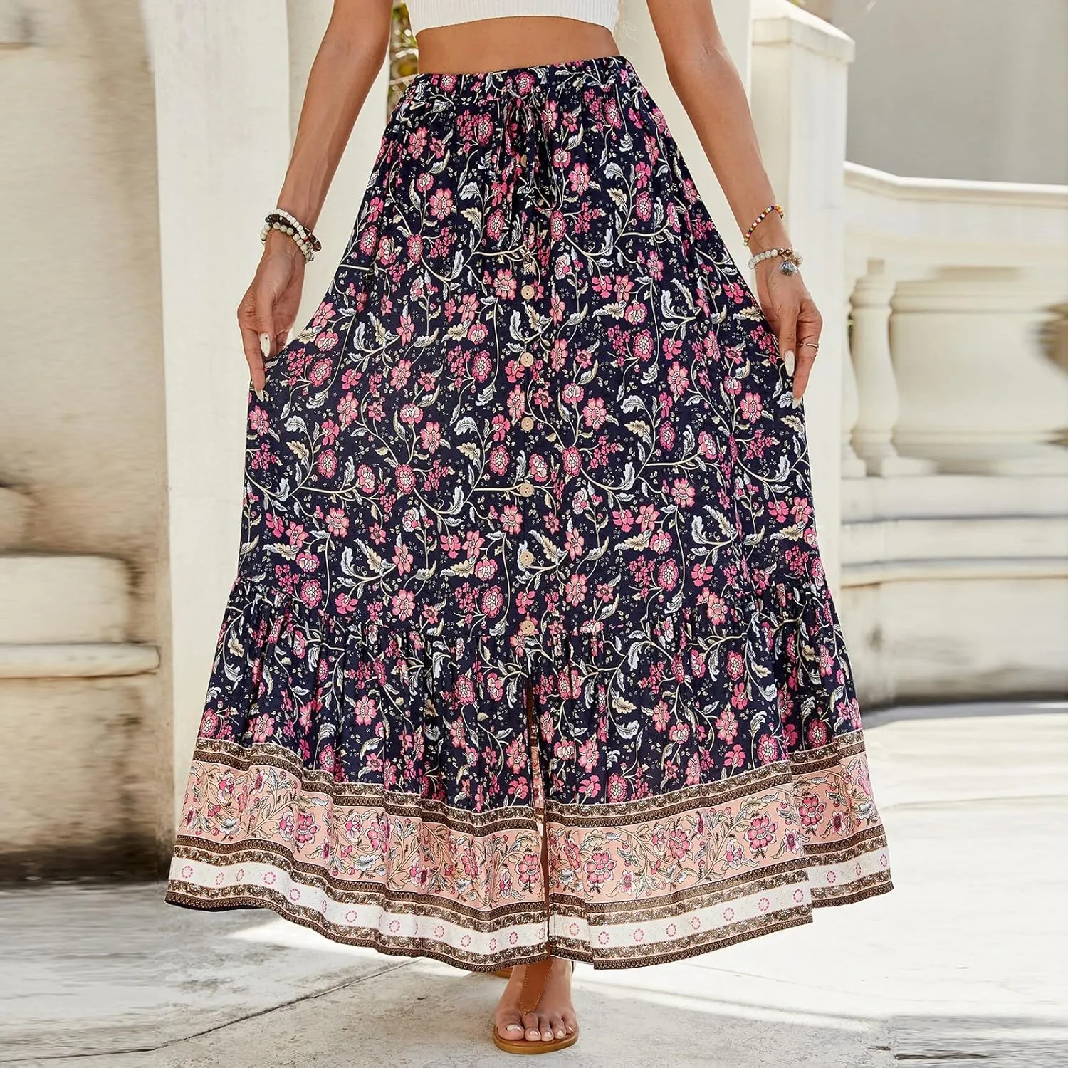 Long Skirts for Women,Formal Flowy Maxi Skirts 2025 Trendy Elastic Waist Beach Vacation Boho Skirt Spring Summer