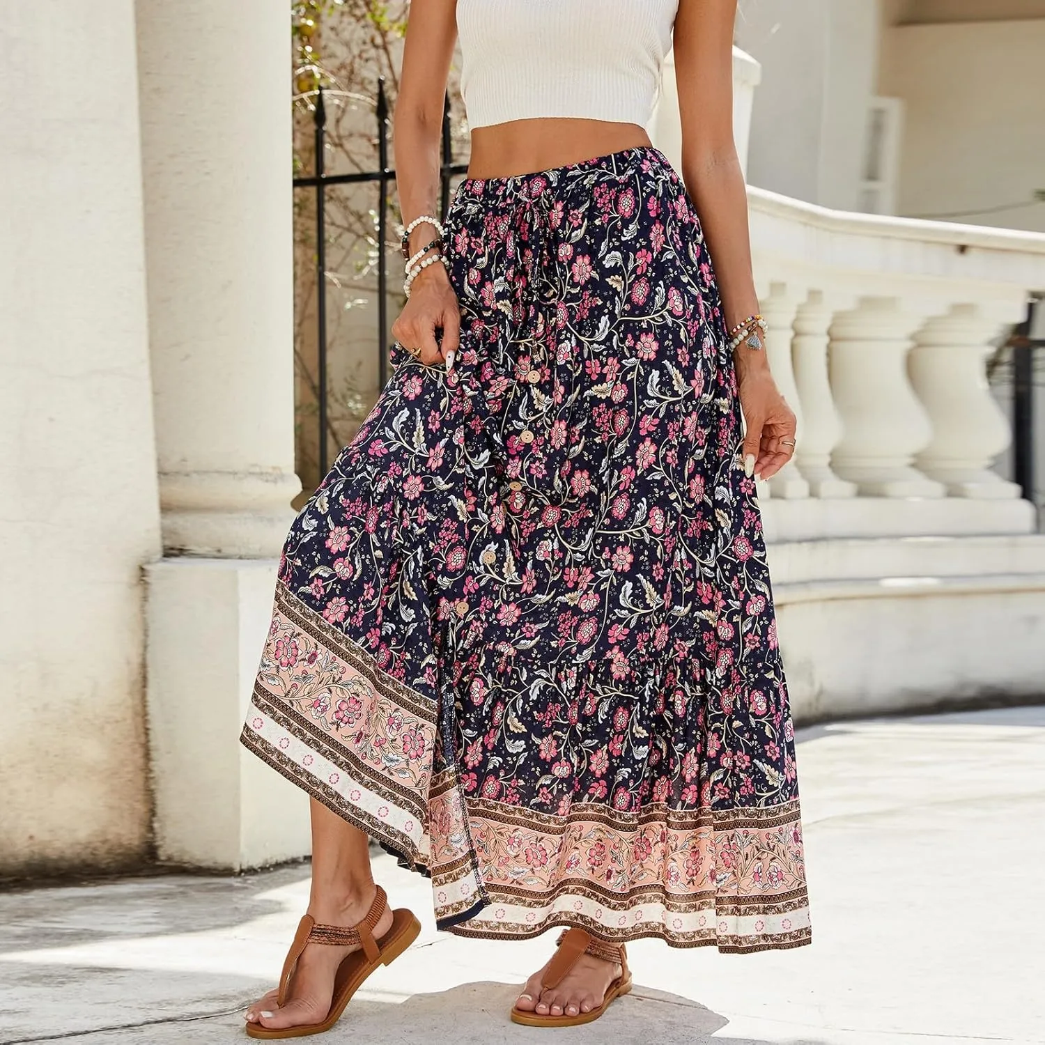 Long Skirts for Women,Formal Flowy Maxi Skirts 2025 Trendy Elastic Waist Beach Vacation Boho Skirt Spring Summer