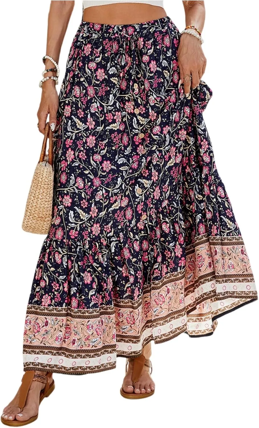 Long Skirts for Women,Formal Flowy Maxi Skirts 2025 Trendy Elastic Waist Beach Vacation Boho Skirt Spring Summer