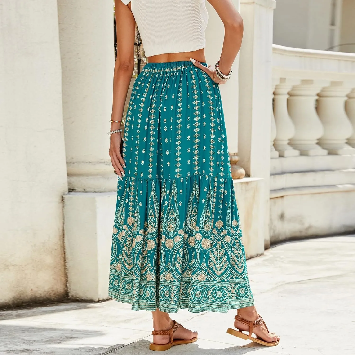 Long Skirts,Wrap Drawstring Tiered Boho Skirt Spring Summer Plus Size Flowy Maxi Skirts for Women 2025 Trendy