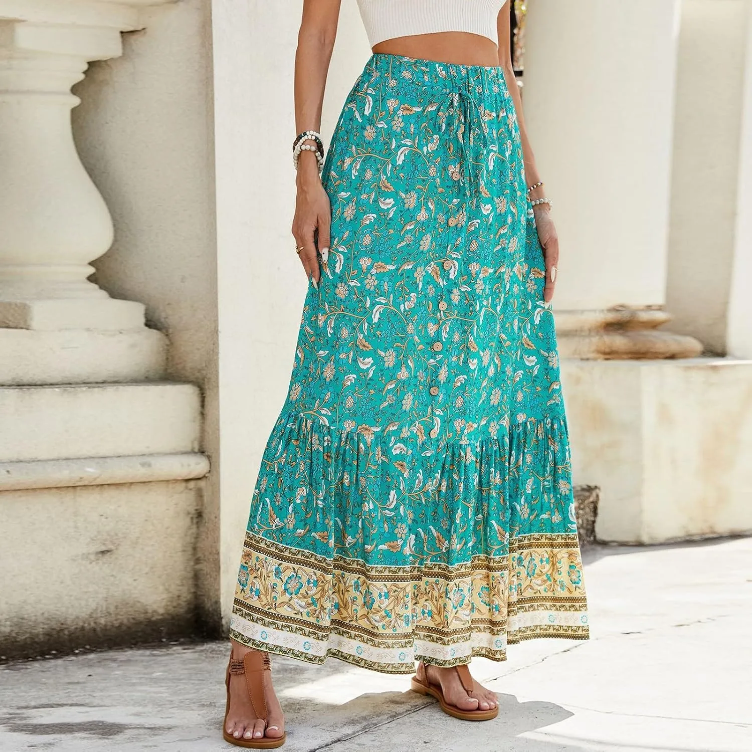 Long Skirts,Wrap Drawstring Tiered Boho Skirt Spring Summer Plus Size Flowy Maxi Skirts for Women 2025 Trendy