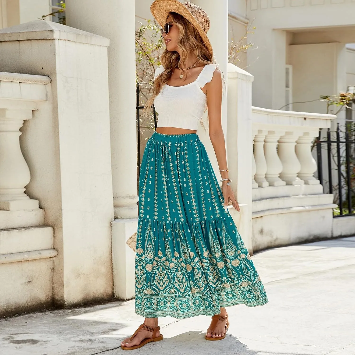 Long Skirts,Wrap Drawstring Tiered Boho Skirt Spring Summer Plus Size Flowy Maxi Skirts for Women 2025 Trendy
