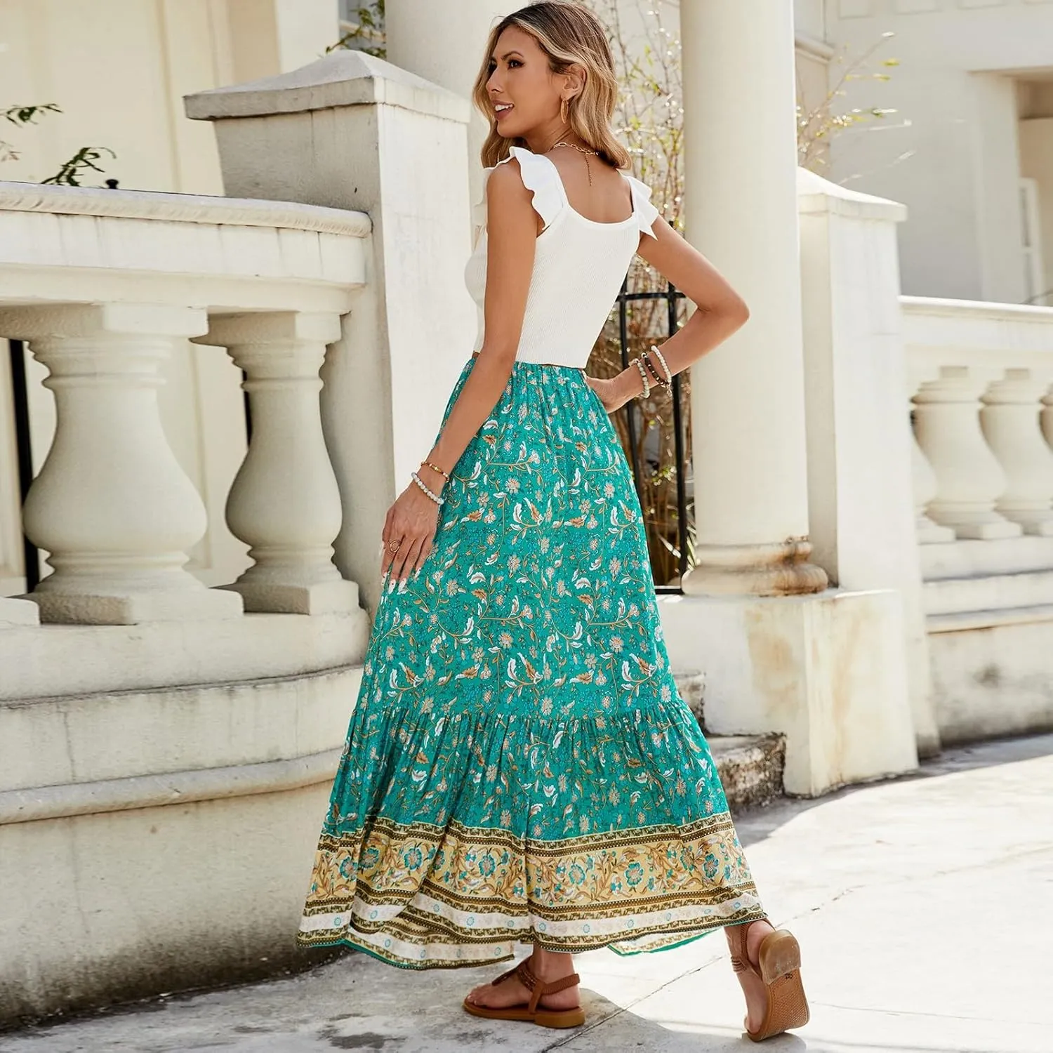 Long Skirts,Wrap Drawstring Tiered Boho Skirt Spring Summer Plus Size Flowy Maxi Skirts for Women 2025 Trendy