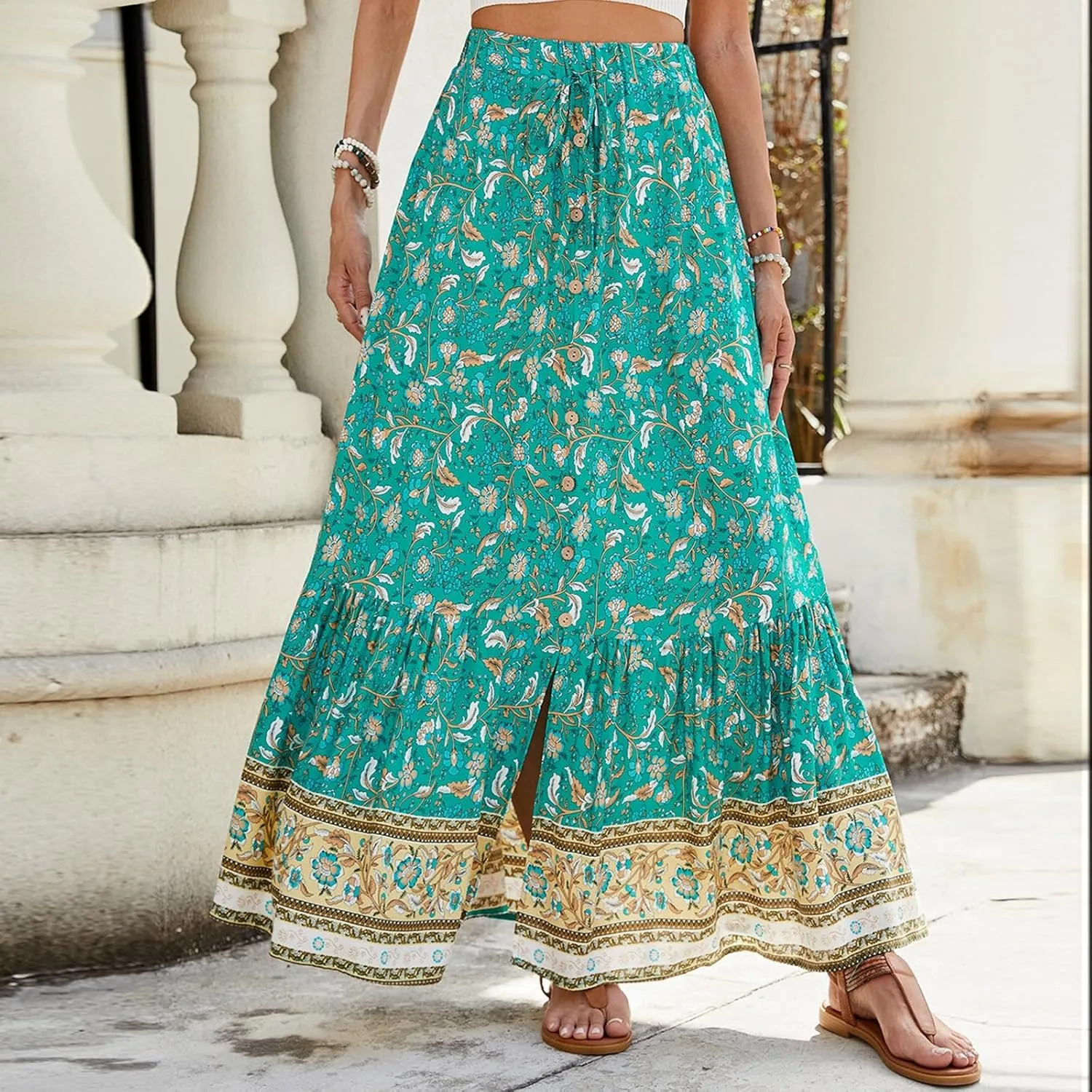 Long Skirts,Wrap Drawstring Tiered Boho Skirt Spring Summer Plus Size Flowy Maxi Skirts for Women 2025 Trendy
