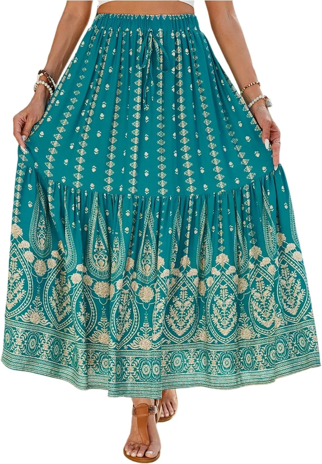 Long Skirts,Wrap Drawstring Tiered Boho Skirt Spring Summer Plus Size Flowy Maxi Skirts for Women 2025 Trendy
