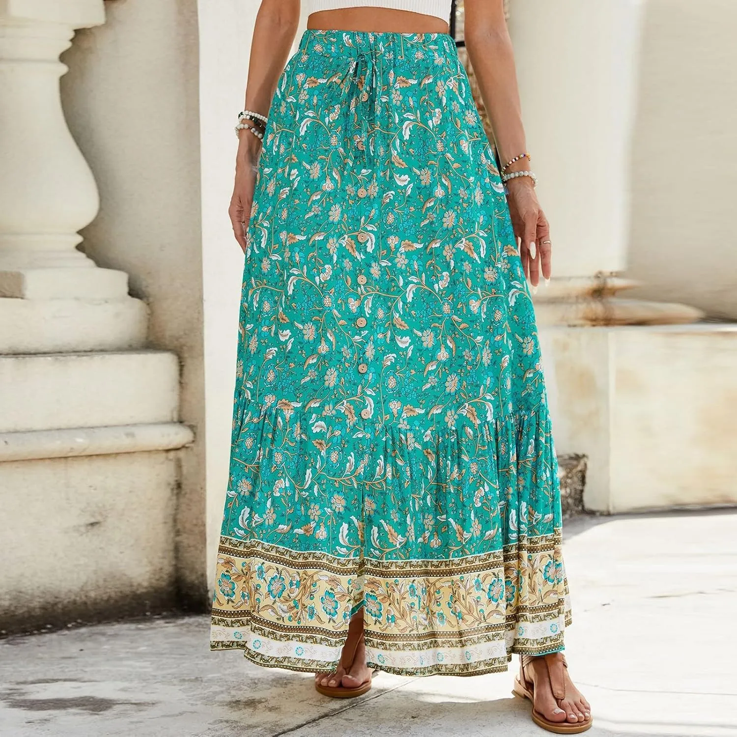 Long Skirts,Wrap Drawstring Tiered Boho Skirt Spring Summer Plus Size Flowy Maxi Skirts for Women 2025 Trendy