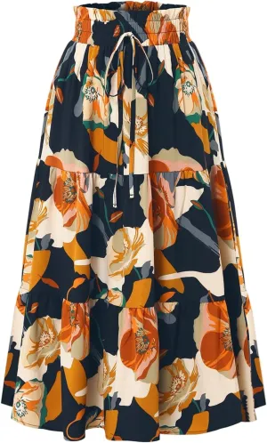 Long Skirt,Trendy Flowy Skirts for Women 2025 Pleated Womens Boho Maxi Skirt with Pockets Elastic High Waisted