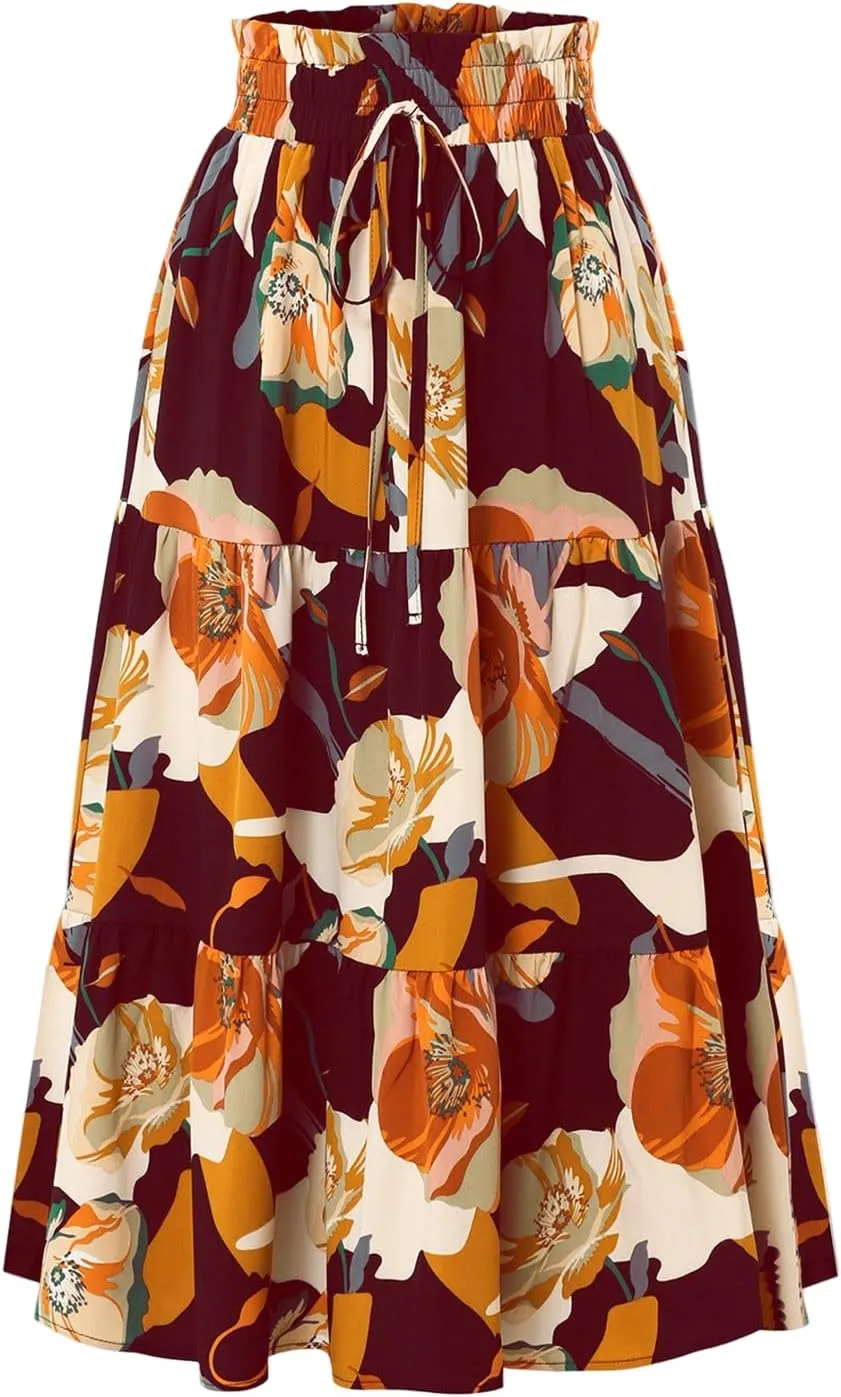 Long Skirt,Trendy Flowy Skirts for Women 2025 Pleated Womens Boho Maxi Skirt with Pockets Elastic High Waisted
