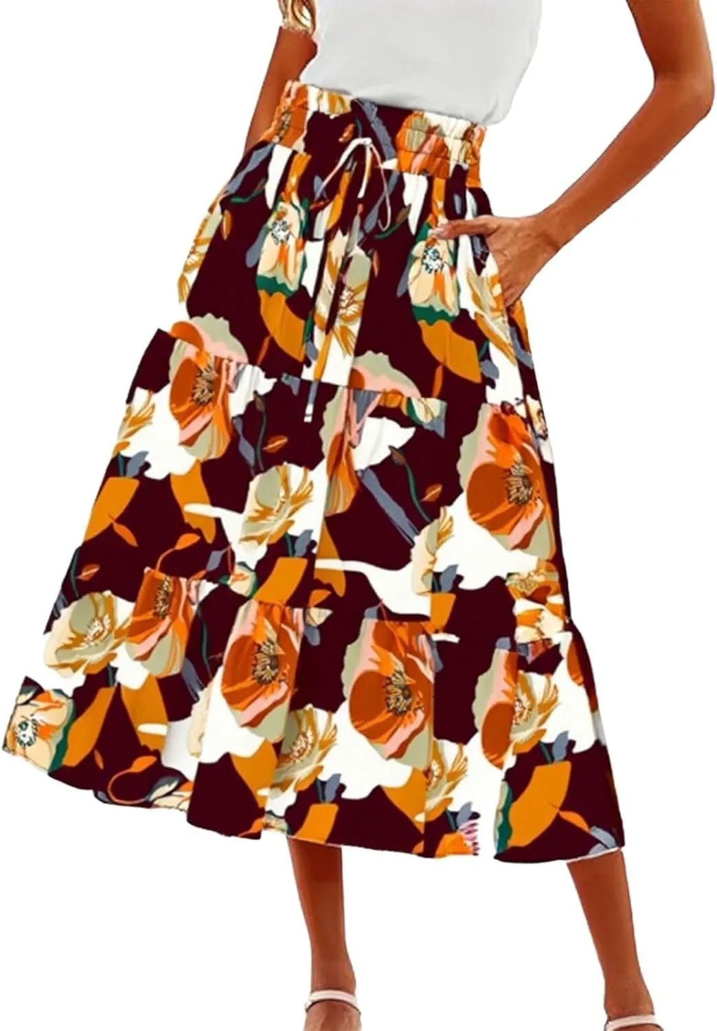Long Skirt,Trendy Flowy Skirts for Women 2025 Pleated Womens Boho Maxi Skirt with Pockets Elastic High Waisted