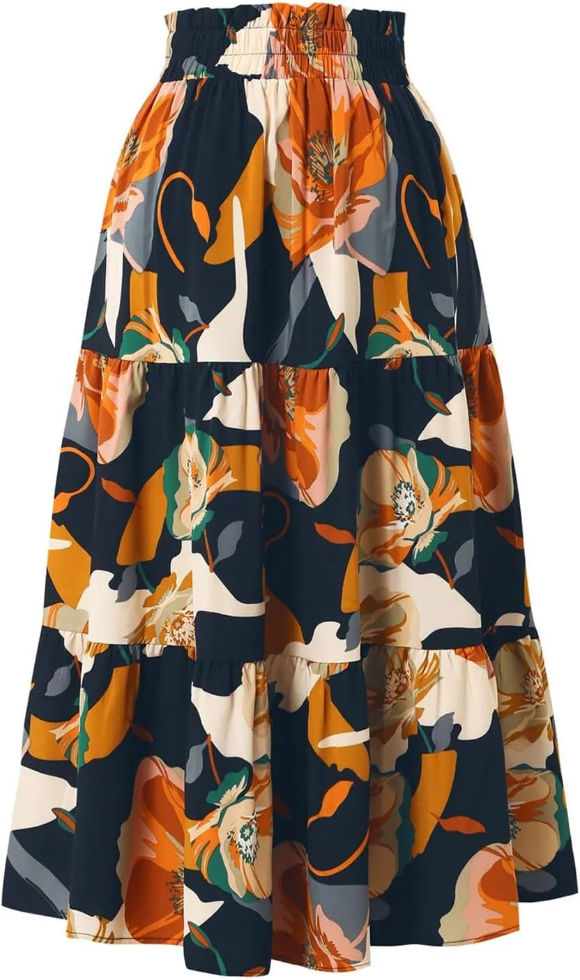 Long Skirt,Trendy Flowy Skirts for Women 2025 Pleated Womens Boho Maxi Skirt with Pockets Elastic High Waisted
