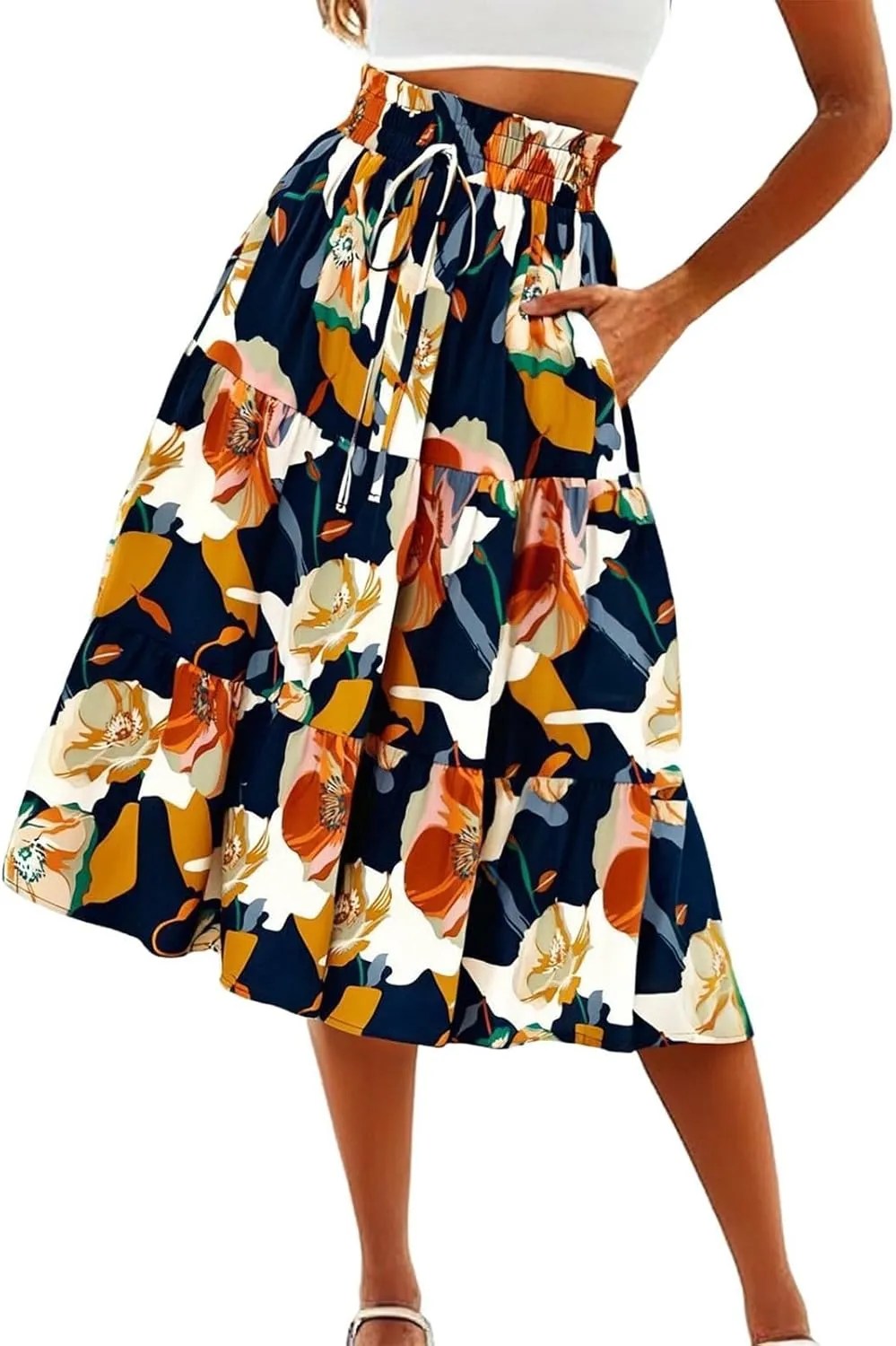Long Skirt,Trendy Flowy Skirts for Women 2025 Pleated Womens Boho Maxi Skirt with Pockets Elastic High Waisted
