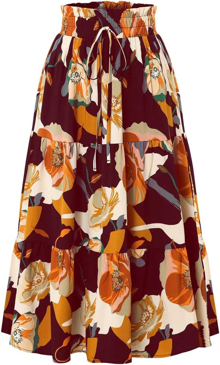 Long Skirt,Trendy Flowy Skirts for Women 2025 Pleated Womens Boho Maxi Skirt with Pockets Elastic High Waisted