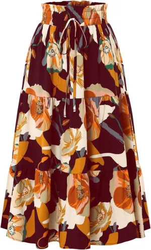 Long Skirt,Trendy Flowy Skirts for Women 2025 Pleated Womens Boho Maxi Skirt with Pockets Elastic High Waisted