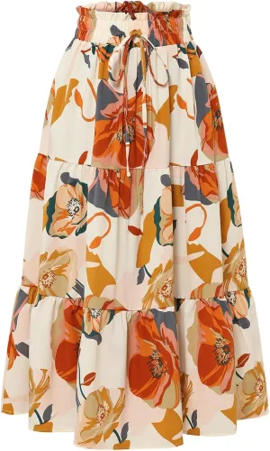 Long Skirt,Trendy Flowy Skirts for Women 2025 Pleated Womens Boho Maxi Skirt with Pockets Elastic High Waisted
