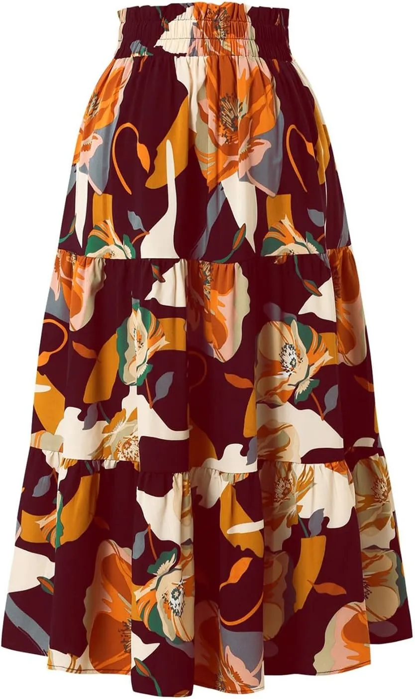 Long Skirt,Trendy Flowy Skirts for Women 2025 Pleated Womens Boho Maxi Skirt with Pockets Elastic High Waisted