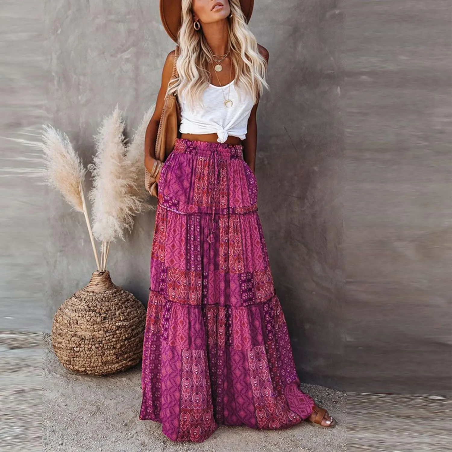 Long Skirt,Womens Boho Maxi Skirt with Pockets Linen Summer Elastic High Waisted Flowy Skirts for Women 2025
