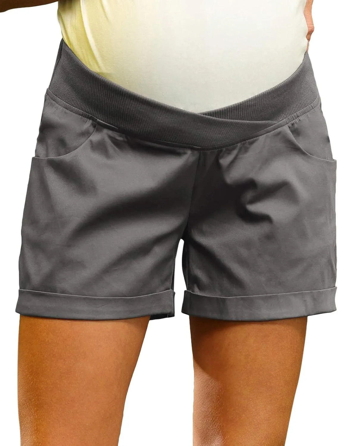 Maacie Maternity Shorts for Women Under Belly Cross Waist Casual Shorts with Pockets