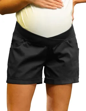 Maacie Maternity Shorts for Women Under Belly Cross Waist Casual Shorts with Pockets