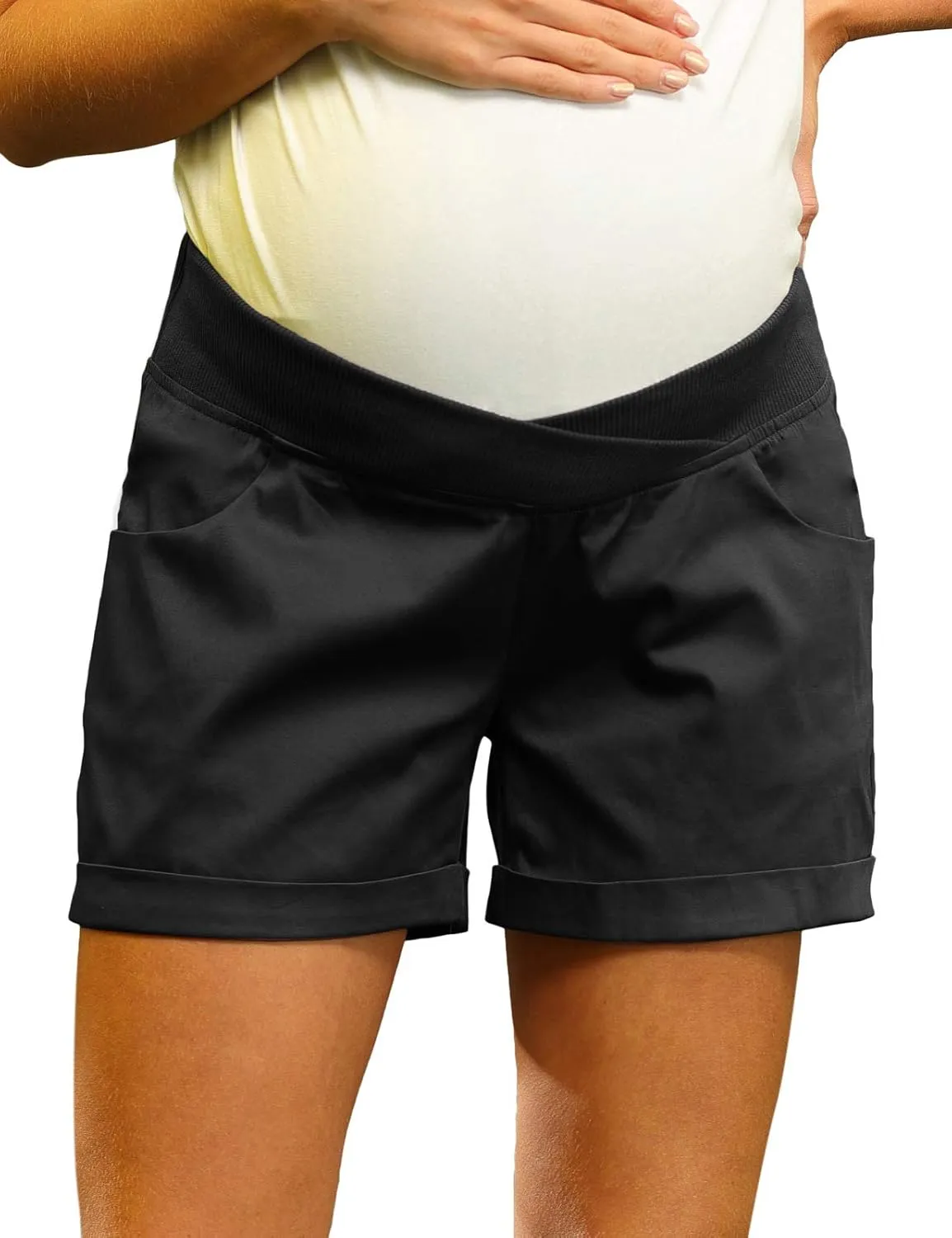 Maacie Maternity Shorts for Women Under Belly Cross Waist Casual Shorts with Pockets